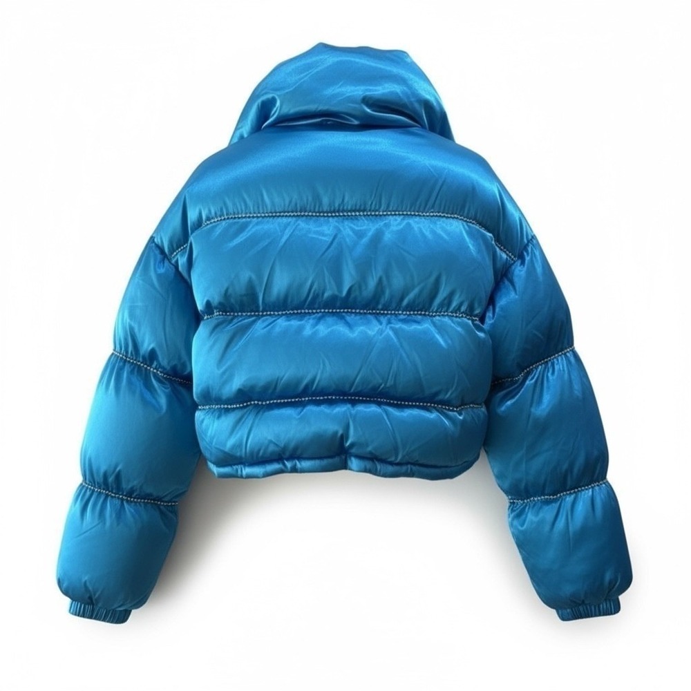 POSTER GIRL Blue Satin Rhinestone Cropped Puffer Snow Bunny Jacket - Picture 2 of 6